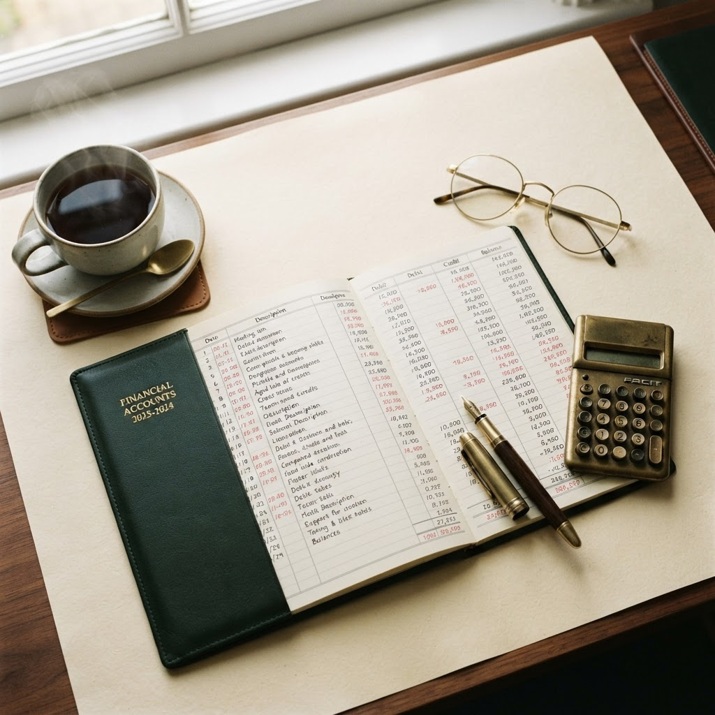 An accountant's desk with an open ledger, brass fountain pen and calculator